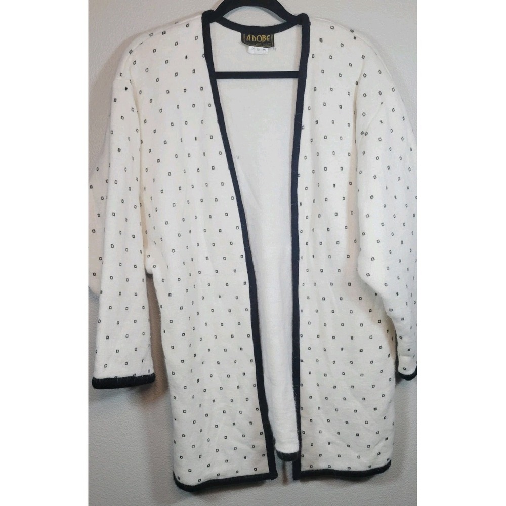 Vintage Adobe Wool Blend Cardigan Size 10‎ Open Front Black Cream Geometric Knit